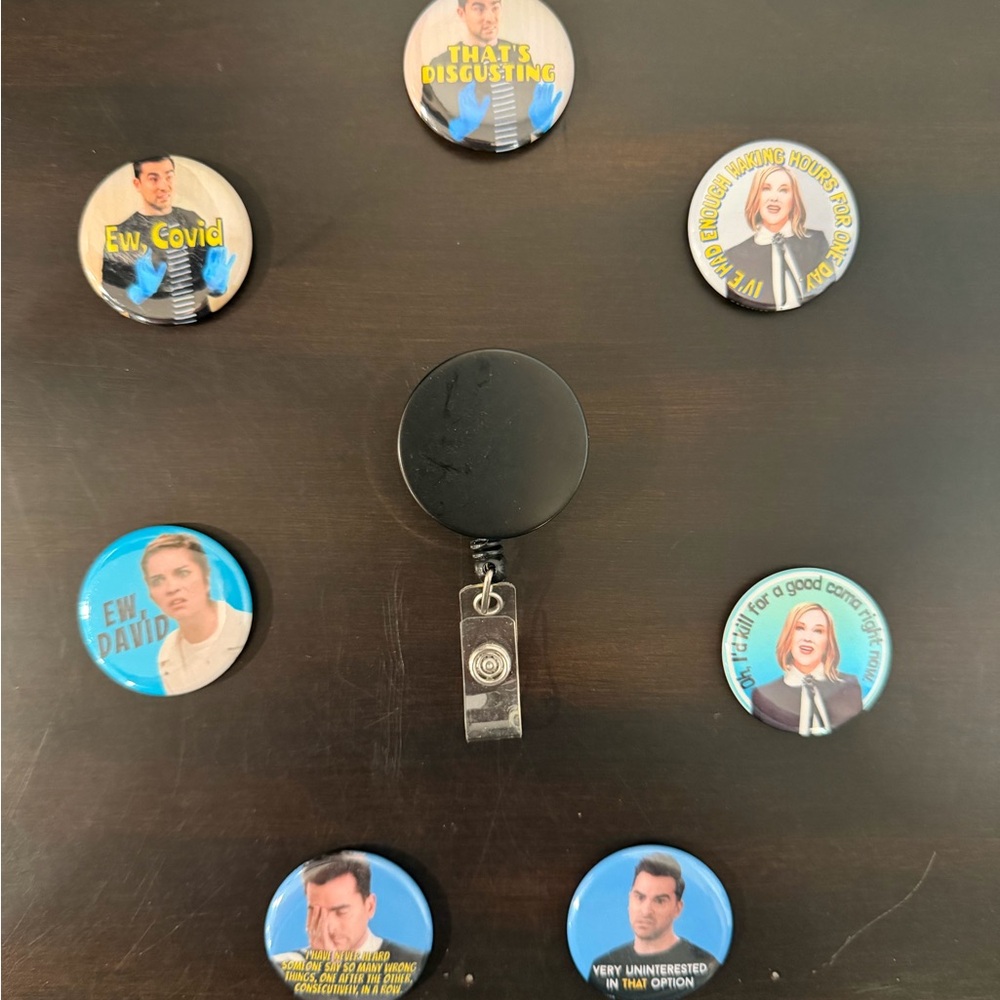 Magnetic badge reel w/ 7 Schitt’s Creek toppers
